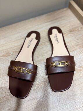Tom Ford Brown Leather Slide Sandals with Gold Hardware Size 39. Never Worn.
